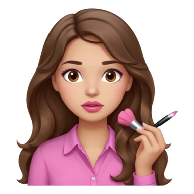 girl with long wavy brown hair, brown eyes, light to medium complexion, in a pink shirt, pink lips, long lashes, puckered lips, putting on blush sticker