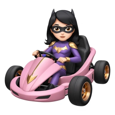 Hot full size real-appearance enclosed electric racing action BatGirl’s feminine midnight-colored tight outfit sixty’s tv show 1992 dark stealthy sporty safe plush petite off-road pursuit cruiser car rose gold accents (black hair,reclined and relaxed torso and shoulders seating position) go kart  sticker