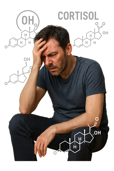 realistic and detailed image of high cortisol, human figure with signs of stress, tired eyes, agitation, visual elements representing cortisol hormone, no background, 2:3 aspect ratio sticker
