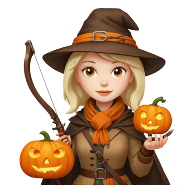 female human monster hunter emoji, wearing brown coat and hat, holding crossbow, soft smile, scarf, glowing pumpkin by her side, Halloween fantasy style, clean vector Apple emoji look, bright colors, white background, square sticker