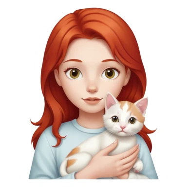 A girl with red hair and fair skin is holding a milky-white kitten. sticker