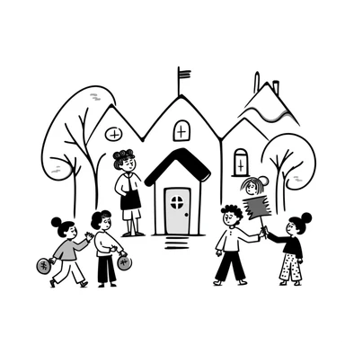 doodle style village life with hand-drawn houses, trees, and people sticker