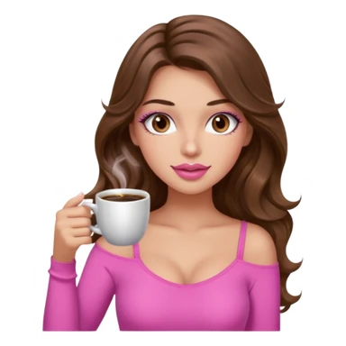 girl with long wavy brown hair, brown eyes, light to medium complexion, in a pink sexy top, pink lips, long lashes, sipping coffee sticker
