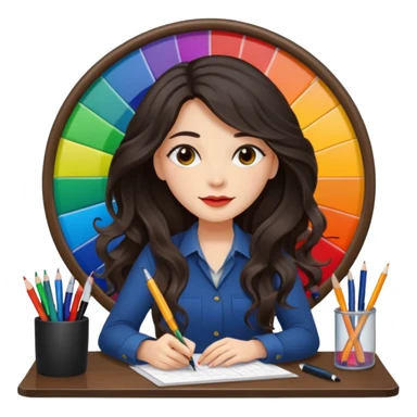 female dark wavy long hair graphic designer , big color wheel behind , pens, papers, desktop sticker
