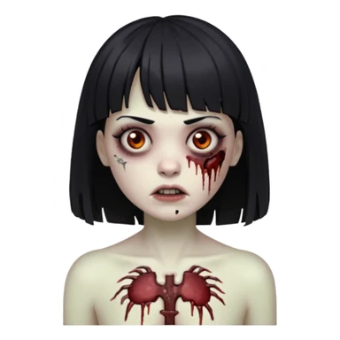 Um zumbi feminino, com cabelo preto e franja, machucados pelo rosto e torso sticker