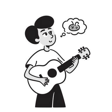 Close-up of a musician's face and torso, holding a guitar, looking up at the sky with a sad and worried expression, with a small thought cloud above showing something causing concern sticker