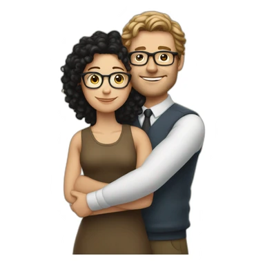 tall white man with black curly hair hugging white woman with glasses and brown straight hair sticker