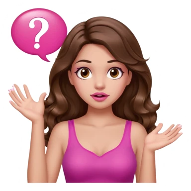 girl with long wavy brown hair, brown eyes, long lashes makeup, sexy pink lips, light to medium complexion, pink sexy top, two hands up, shrugging, confused question mark bubble sign sticker