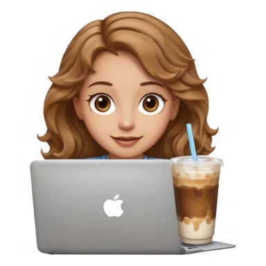 Women in front of laptop with a happy face, light brown wavy hair, light brown big eyes, light skin with a iced coffee on the side sticker