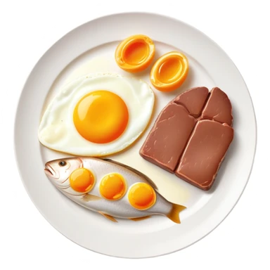 A plate with liver, egg yolk, butter and fish, with vitamin A nutrition labels sticker