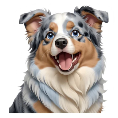 Cinematic Cute Yawning Tan Point Blue Merle Australian Shepherd Portrait Emoji, Head tilted slightly with a dramatic, wide-open yawn, soft blue merle fur with prominent tan points and crisp white accents, floppy ears slightly drooping, round blue eyes barely open in drowsy contentment, Simplified yet irresistibly adorable features, highly detailed, glowing with a soft, cozy glow, high shine, relaxed yet expressive, stylized with a touch of whimsy, bright and endearing, soft glowing outline, capturing the essence of a sleepy yet affectionate pup, so drowsy it feels like it could stretch right out of the screen and curl up for a nap! sticker