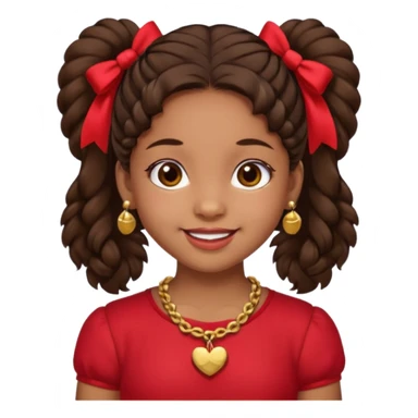 Brownskin girl dark brown hair fluffy. pigtails with red bows brown eyes smiling closed mouth red shirt gold esrrings gold necklace sticker