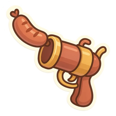 a sausage gun, whimsical and exaggerated, cartoon style, fun and playful sticker