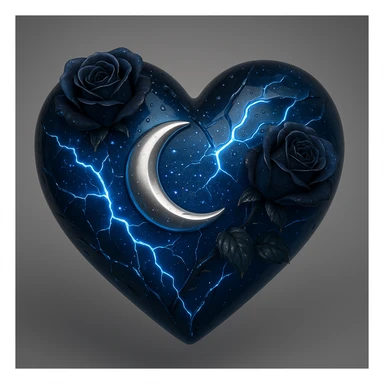 Create a gothic heart made of deep blue glass with a silver crescent moon, blue-black roses, iridescent stardust, neon blue lightning, wet and splintered glass. The style should emulate the 3D emoji style with a focus on depth and shine. sticker