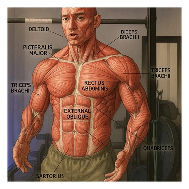 Highlight the muscle fibers of the man's body in the reference photo in a realistic anatomical style, maintaining the original pose and expression. Highlight muscle fibers and label the main muscle groups. sticker
