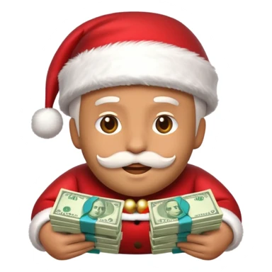 A confident rich emoji face wearing a Santa hat, money stacks, casino vibe, New Year theme, premium 3D emoji style, sharp details, no text, isolated on transparent background sticker