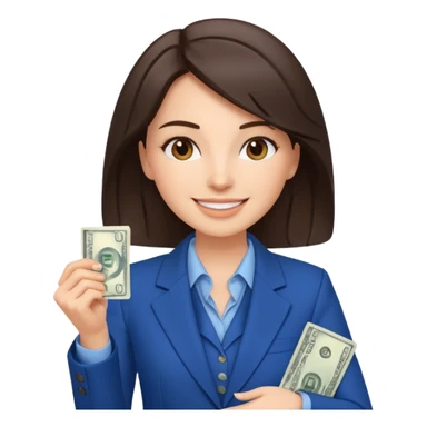brunet Woman wearing blue suit holding dolar sticker