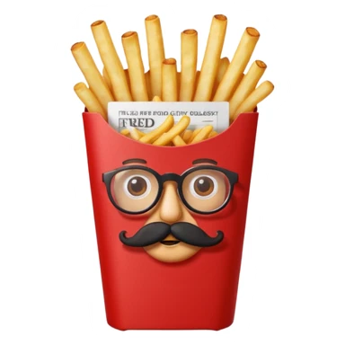 long slim crispy fries in a red carton, carton has eyes and mustache and glassess sticker