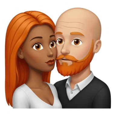 Brown eyed black women with long balayage brown hair. She is kissing a bald white man. The white and has orange facial hair and a long orange beard sticker
