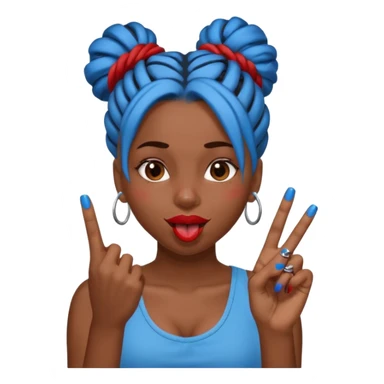 brown girl with blue locs in a bun with tongue out and red nails showing middle finger sticker