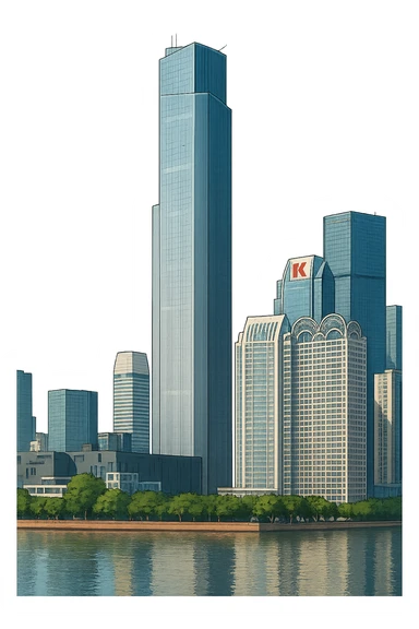Изометричная, яркая, детализированная, объемная и фотореалистичная иллюстрация башни Guangzhou CTF Finance Centre. В стиле 3D-коллажей городов, насыщенные цвета, аккуратные и чёткие линии, мультяшно-реалистичная стилистика. Чёткие контуры, не размазанные линии, высокое качество, прозрачный фон, не обрезать края картинки sticker