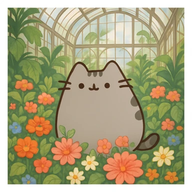 pusheen cat surrounded by flowers in a botanical garden greenhouse sticker