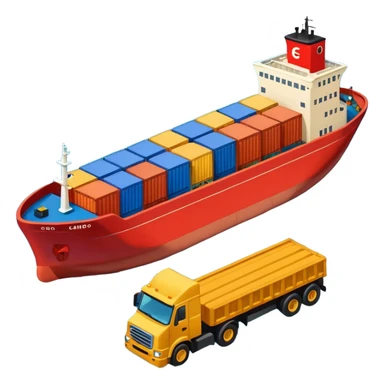 top view of a cargo ship, a truck, and a corporate building side by side, clear symbols, friendly colors sticker