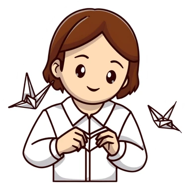 A happy Ukrainian young girl with brown hair in a white embroidered shirt makes an origami of a yellow and blue crane sticker