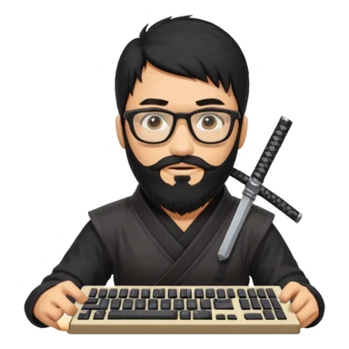 Man with black hair and beard wearing glasses in a ninja costume. Keep the top left version, make the beard longer and replace the sword with a keyboard  sticker