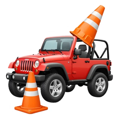 red Jeep Wrangler crushing an all-white traffic cone with no stripes or markings under its tires, emoji style sticker