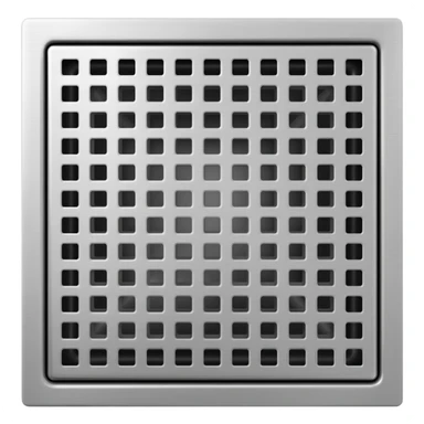 Minimal 3D style icon of a stainless steel square floor drain cover. 
Top-down view, clean geometric grid holes, subtle metallic reflection, modern bathroom hardware style. 
Centered, isolated on transparent background, soft shadow, high resolution, app icon style. sticker