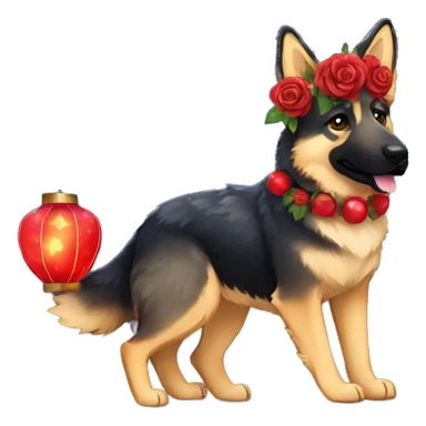 Midnight starry night stars Brindled German shepherd fox carrying glowing red lantern, fairy lights, rose flower crown sticker