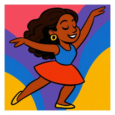 Add a vibrant, colorful background behind Dana Dawson in a dance pose, keep the original vibrant toon style sticker
