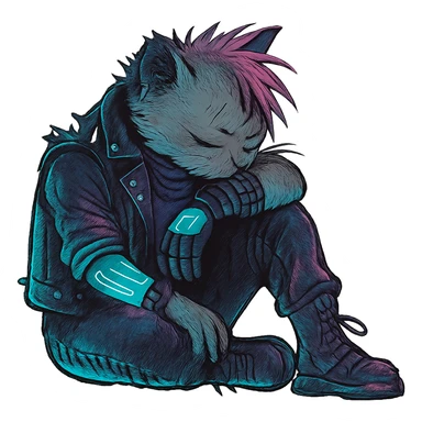  a anthro cat laying down his head to nap, punk gothic style, futuristic cyberwave cyberpunk, sitting position sticker