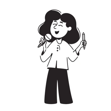 joyful singer with big smile holding a microphone in left hand and pencil in right hand sticker