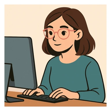 woman with light pink glasses working on computer, light skin, brown hair, modern digital illustration style, simple background sticker