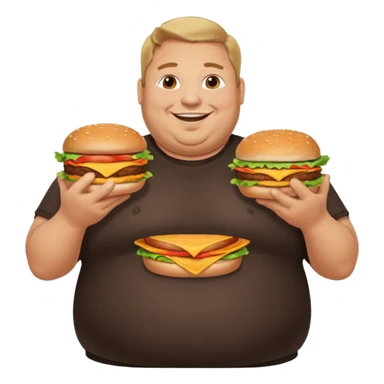 A very fat guy in an Alex Zero T-shirt, holding burgers, gives a like. sticker