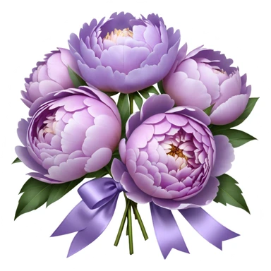 "A hyper-realistic bouquet of light purple peonies, freshly bloomed, tied with a luxurious satin ribbon in a soft lavender shade. The petals are delicate and slightly ruffled, with subtle color gradients ranging from pale lilac to deep violet. The bouquet is placed on an elegant marble tabletop with a vintage-style mirror reflecting its beauty. Soft natural light enhances the intricate textures of the flowers, casting gentle shadows."
 sticker