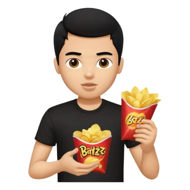 a pretty bratz guy with curly black hair in in black tshirt eating chips sticker