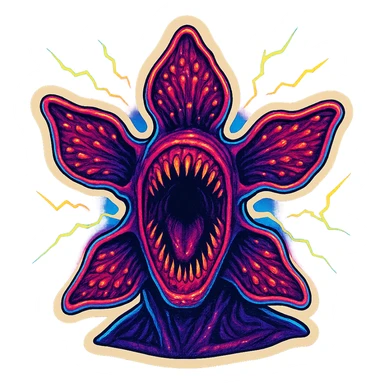 Demogorgon face close-up with electric neon effects, 80s retro neon style, inspired by Stranger Things series sticker