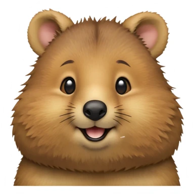 cinematic-realistic quokka-emoji,-small-round-frame, head tilted in an endearing manner, comical smile, round cheeks, giant-fluffy-cheeks-large-smile-fluffy-brown-fur-radiating-a-warm-softness,-big-round-eyes-filled-with-joy, realistic round  fluffy zoomed in, large black eyes sticker