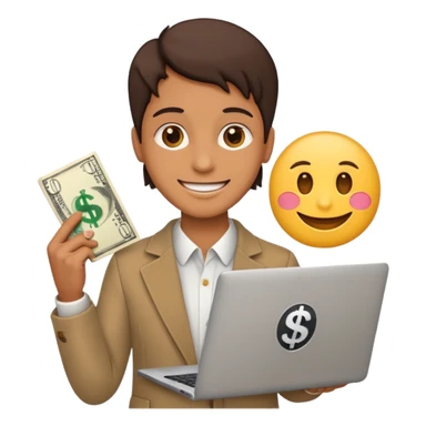 A confident person holding a laptop and dollar sign emoji sticker