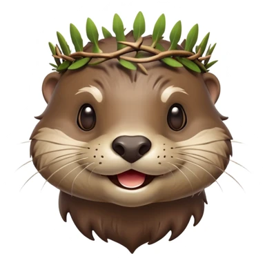 really cute smiling joyful otter face in three-quarter profile view with simple thorny stem wrapped horizontally around its forehead like Jesus Christ's Crown of thorns, no crown shape on top, just thin spiky branches circling the forehead, Apple emoji style, glossy finish, smooth gradients sticker