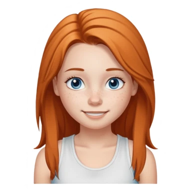 Una chica de tez blanca con pecas, nariz respingada, labios gruesos, ojos grandes color azul grisáceo, pelo largo, lacio, color avellana. Con una blusa de tirantes blanca. Que este sonriendo y q solo se vea de la cintura hacía arriba sticker