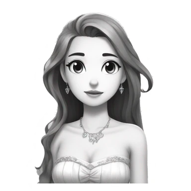 prinvk, 1girl, solo, dress, long hair, bare shoulders, princess, monochrome, 2d, anime  sticker