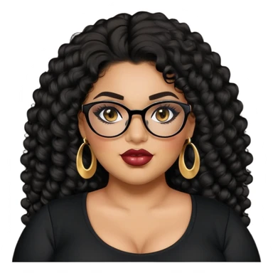 big plus size, latina, darker tan skin, long black curly hair, baddie,pretty, makeup, lipgloss, black eyeliner, long hair, SMALL gold earrings, black top, black glasses sticker