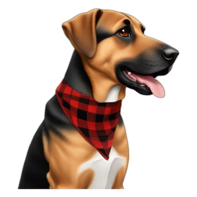 75% Coonhound 25% German Shepherd mix dog wearing small pointed red buffalo plaid bandana pointing down side view full body facing left sticker