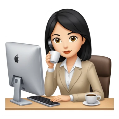 Secretary black hair computer and drinking coffee sticker