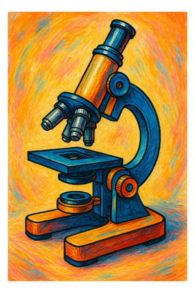Сгенерируй мне  в ярком рисованном стиле микроскоп металический sticker
