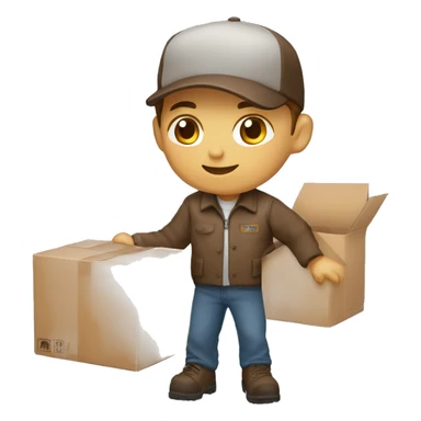 Delivery boy, full body, light skin tone, wearing brown cap and brown jacket, UPS delivery company uniform loading a package without background sticker